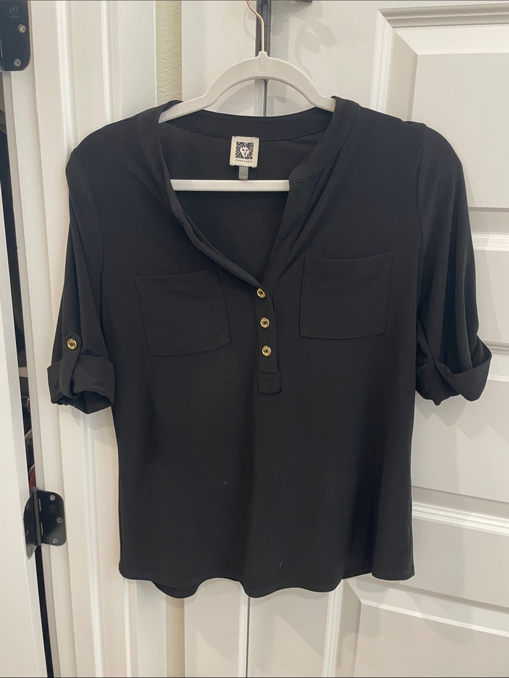 Anne Klein Black Henley Blouse with Gold-Tone Buttons